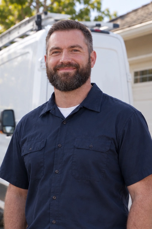 Fictional bearded teammate wearing a navy work shirt