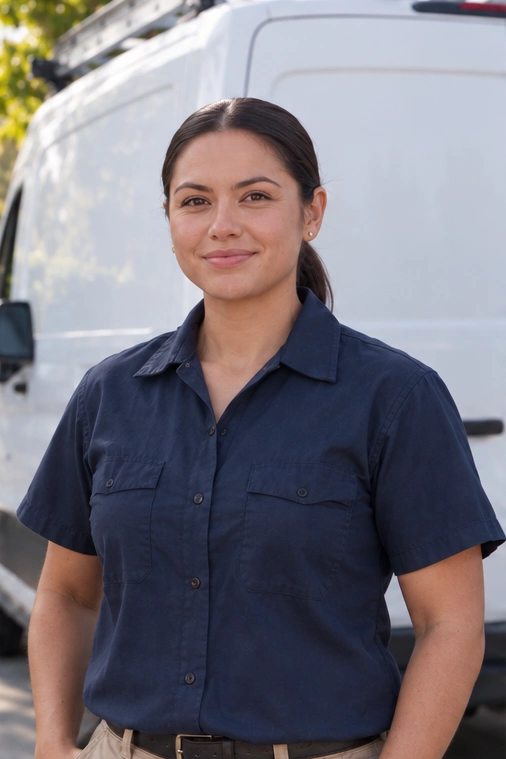 Fictional teammate with tied-back hair wearing a navy work shirt