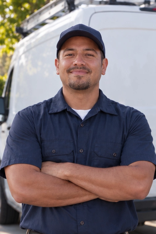 Fictional teammate wearing a navy cap and work shirt, with arms crossed