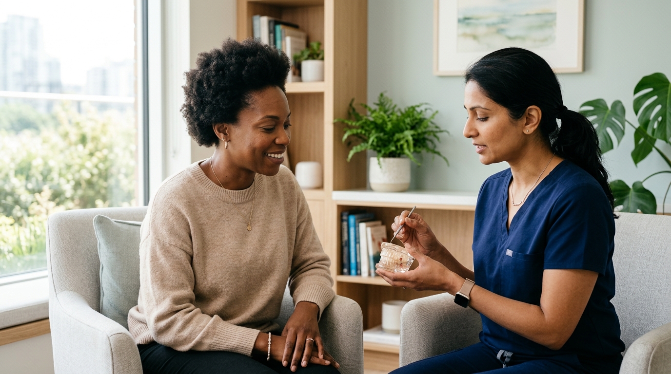 Dr. Eleanor Vance conducting a relaxed dental consultation with an adult patient