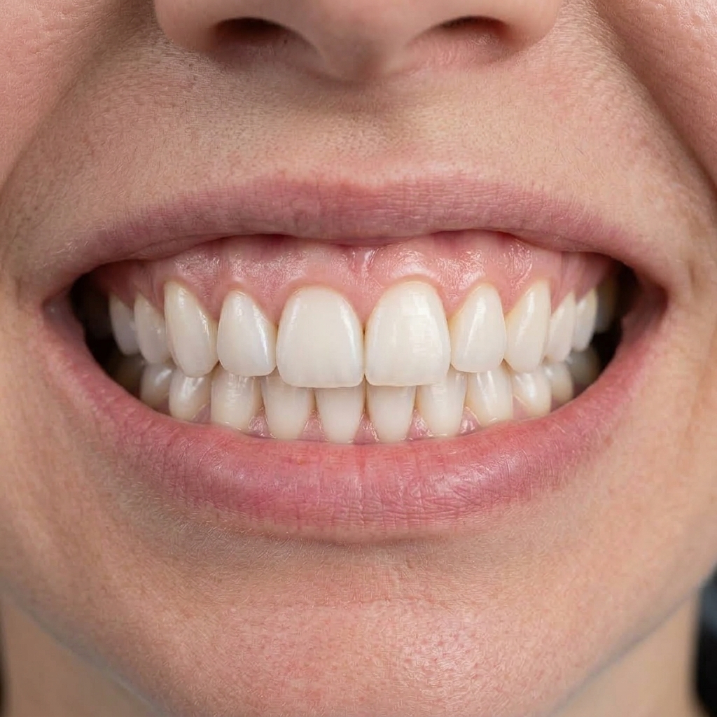Clinical macro photograph of patient radiant smile after porcelain veneers and alignment