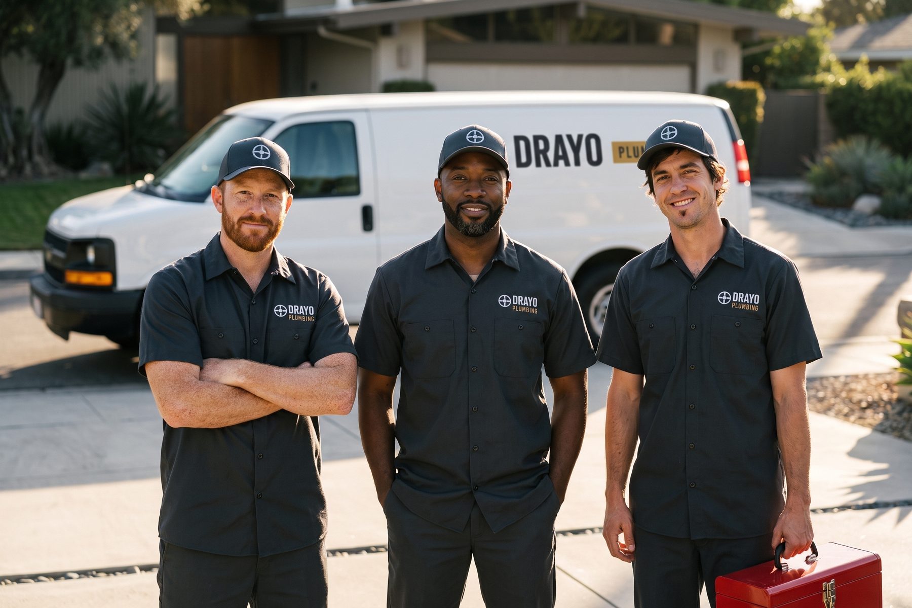 Three Drayo plumbers in matching charcoal uniforms and caps stand in front of a branded white van.