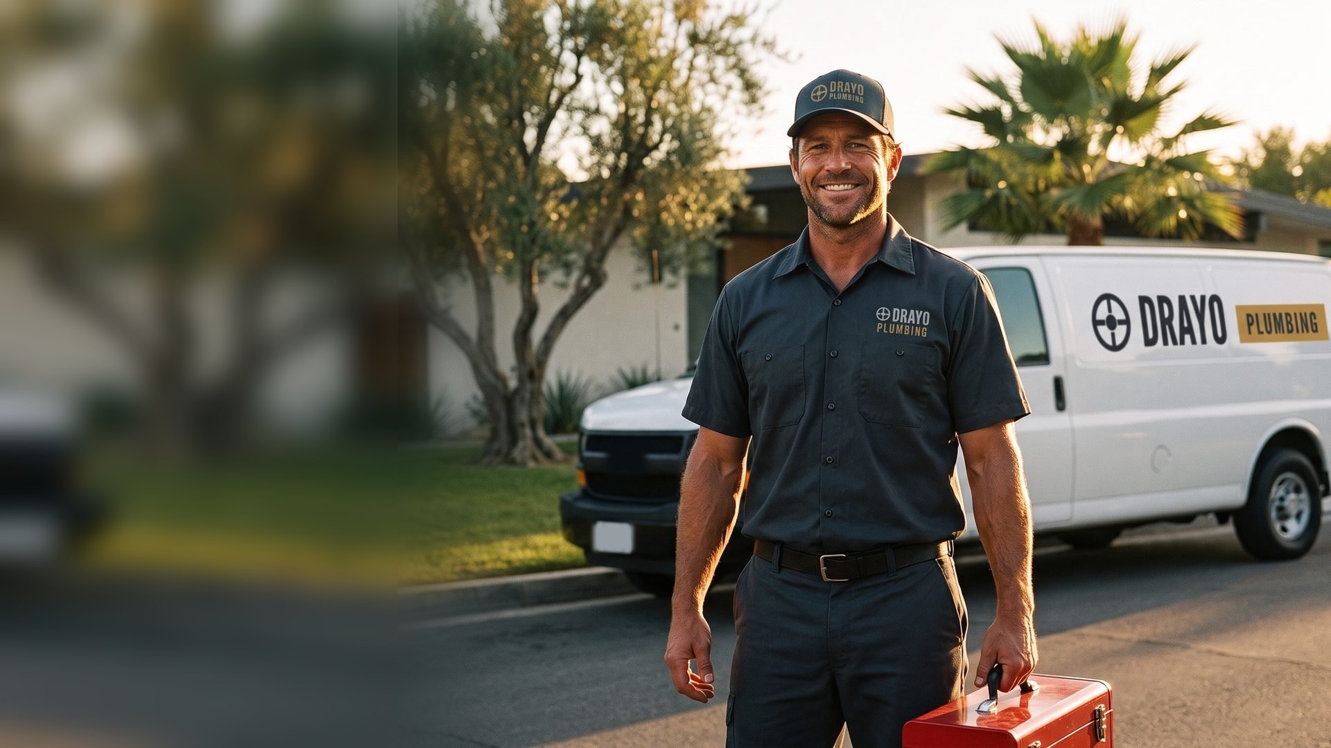 A smiling plumber in a charcoal Drayo Plumbing uniform and cap holds a red toolbox in front of a branded white van.