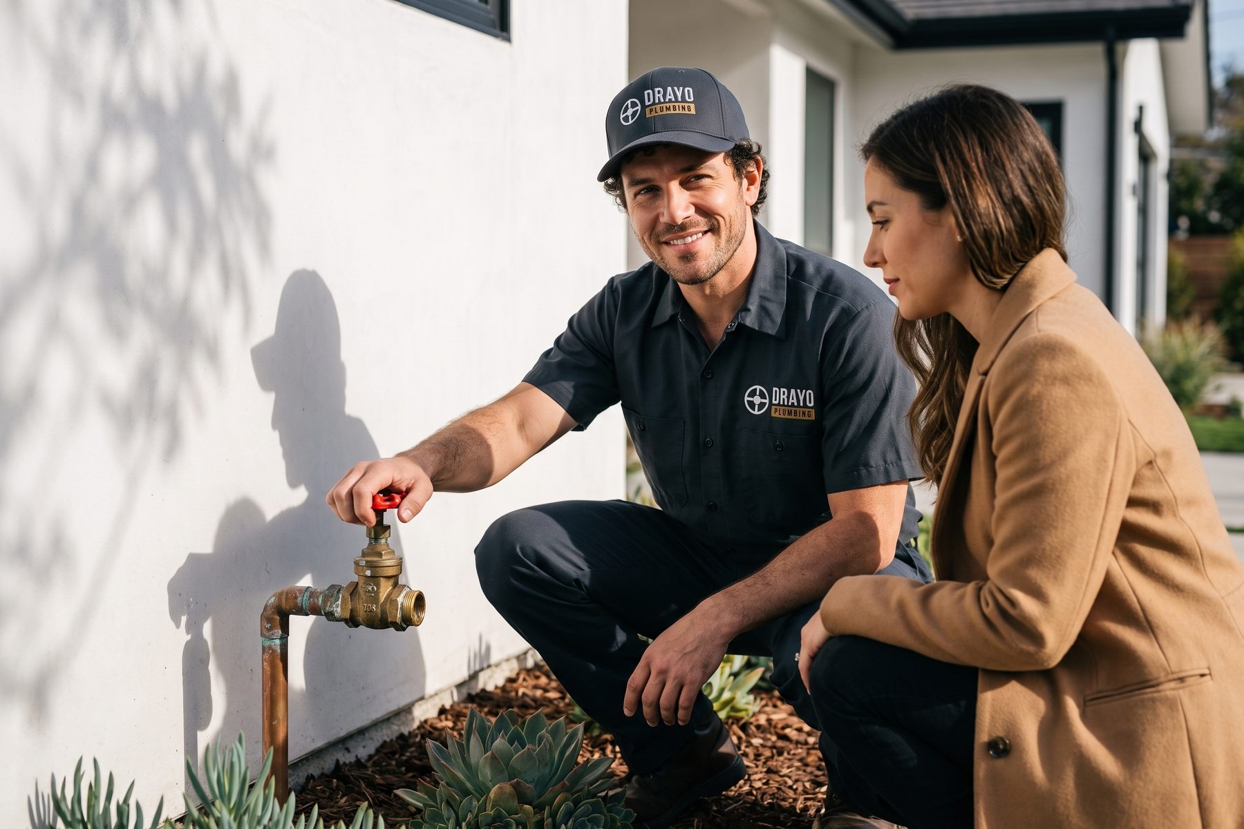 A plumber shows a homeowner how to turn the red handle of the main water shutoff on an outside wall.