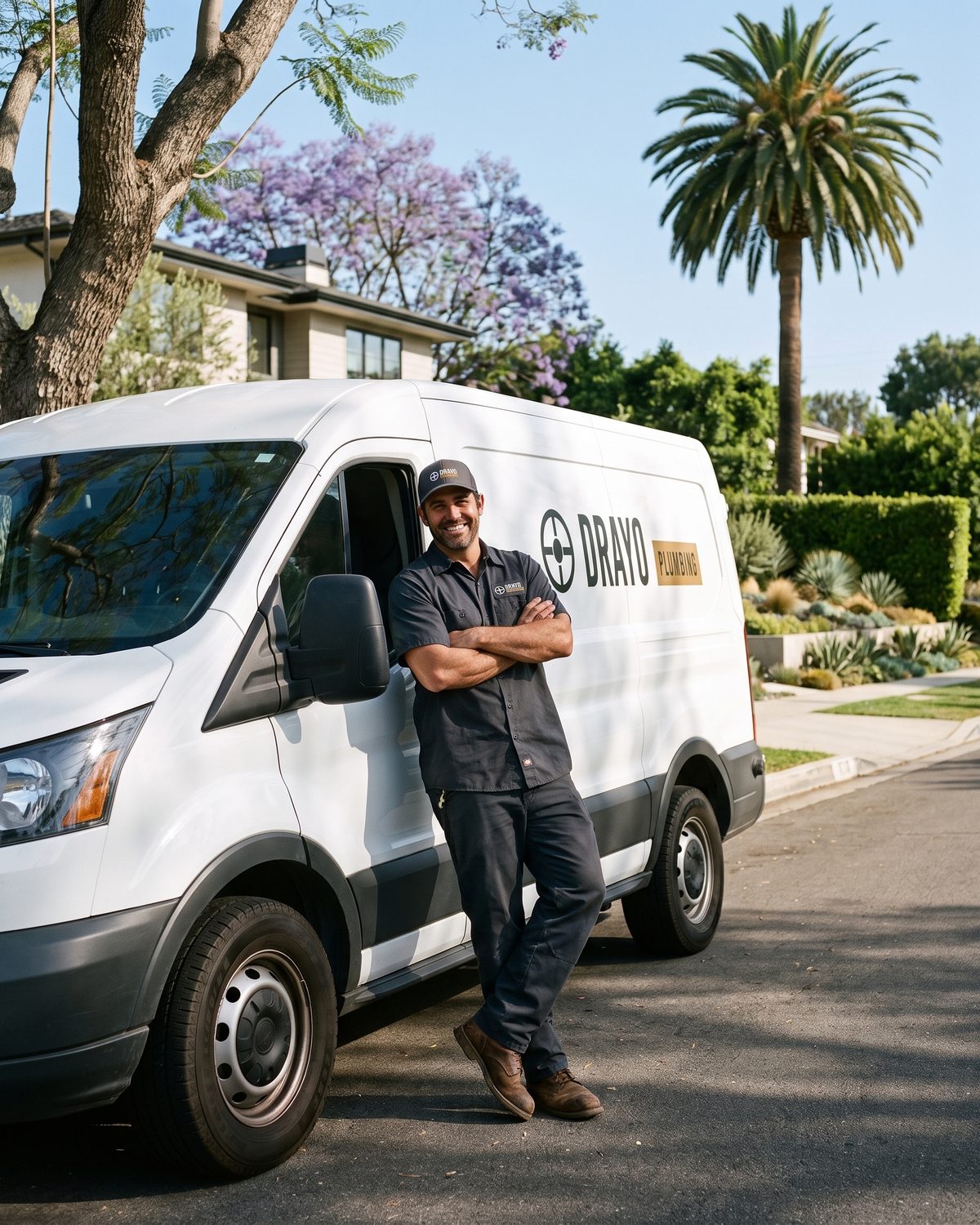 A plumber leans against a white Drayo Plumbing van on a tree-lined Sherman Oaks street.