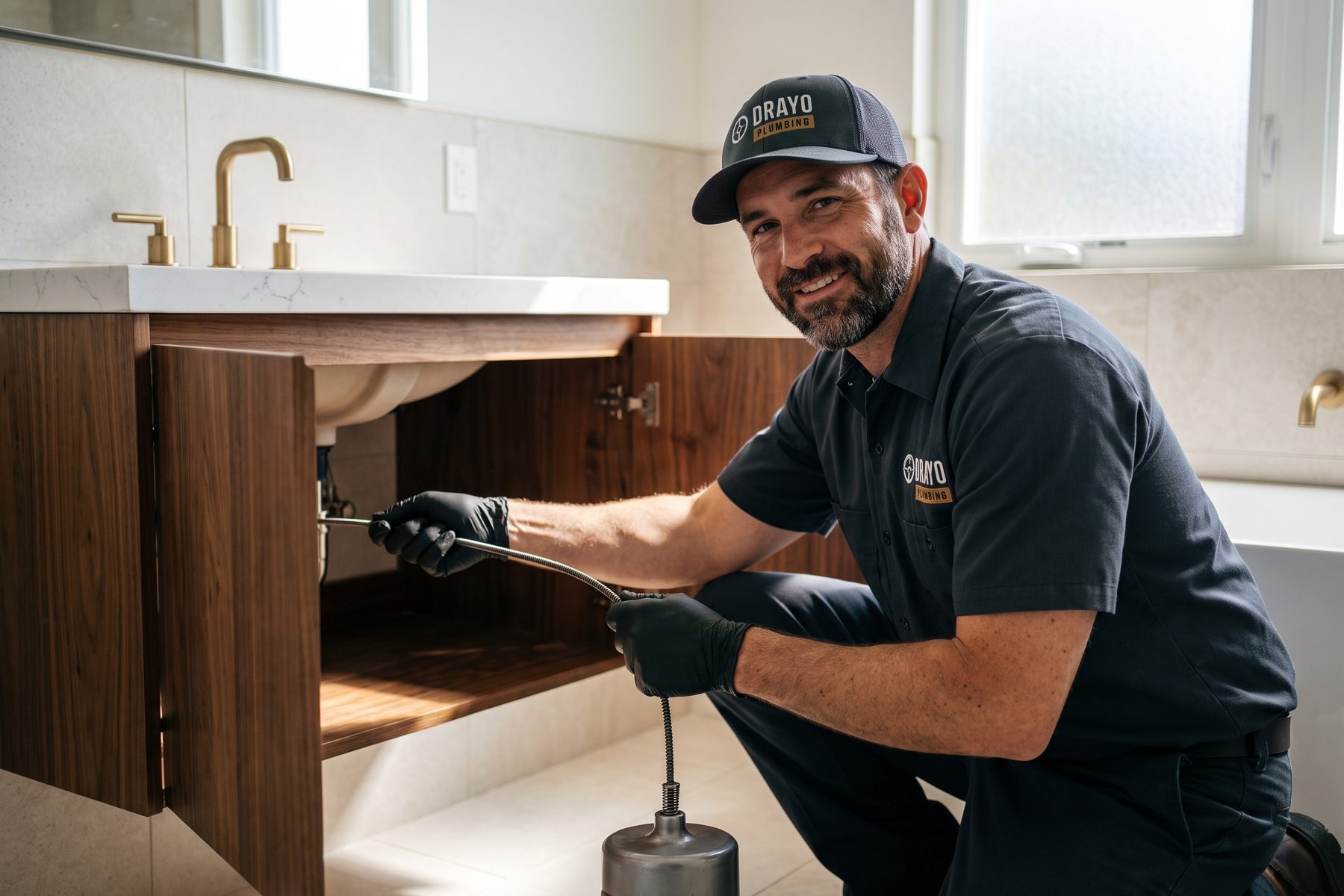 A smiling plumber in black gloves feeds a drain auger into the pipe under a walnut bathroom vanity.