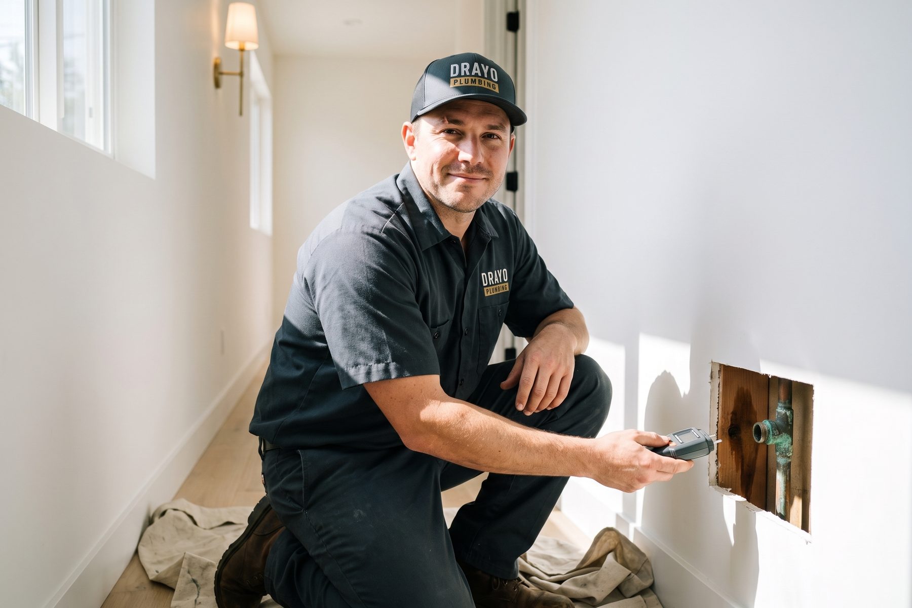 A plumber kneels in a bright hallway, holding a moisture meter to an opening in the wall that shows a corroded copper pipe.