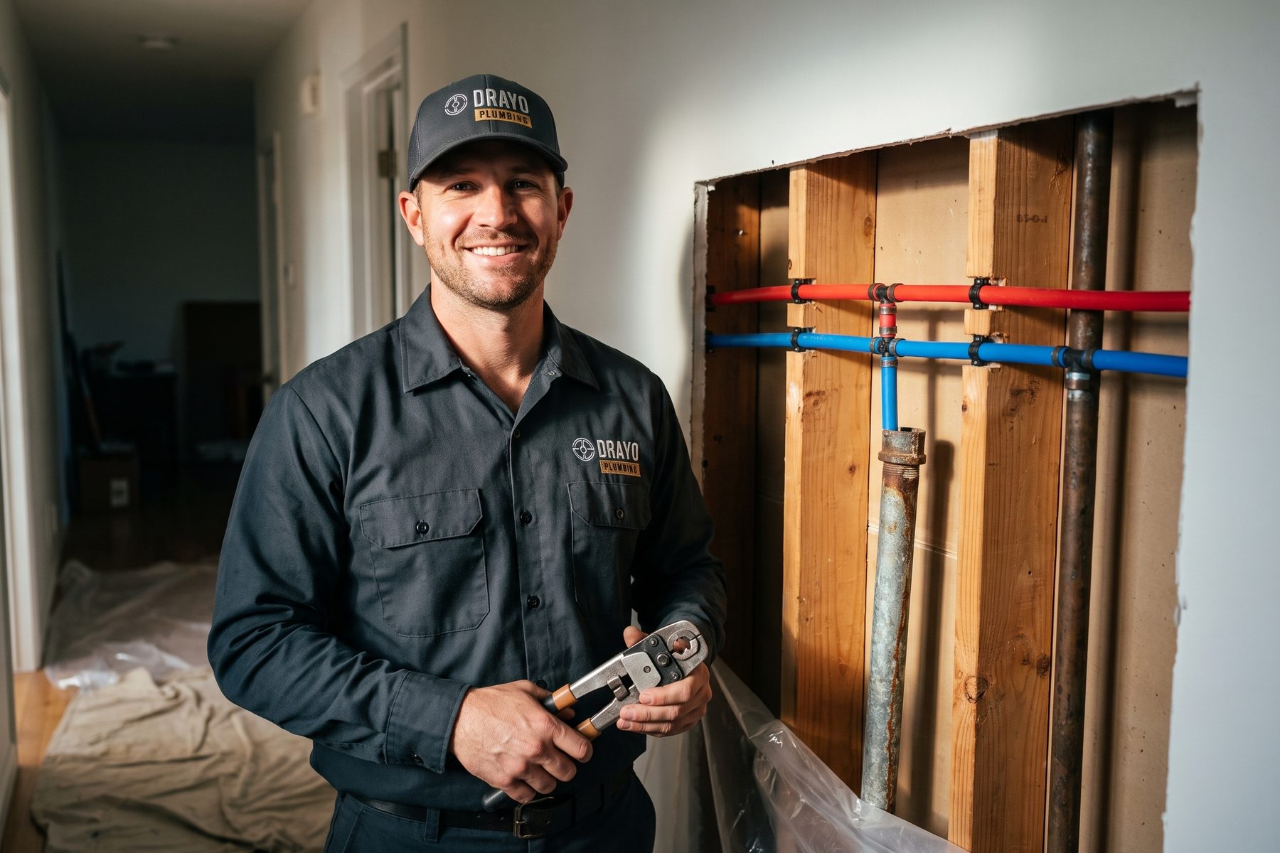 A plumber holds a PEX crimp tool beside an open wall with new red and blue water lines and an old rusted pipe.