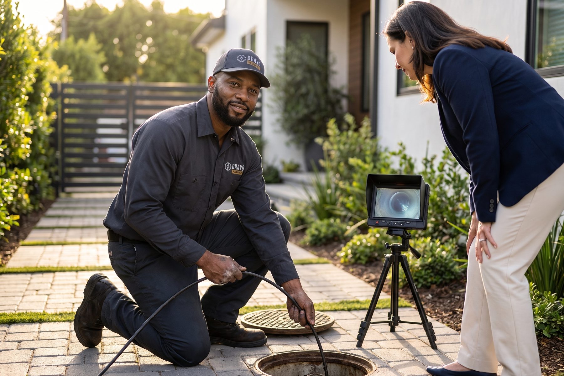 A plumber feeds a sewer camera into a cleanout while a homeowner watches the view inside the pipe on a monitor.