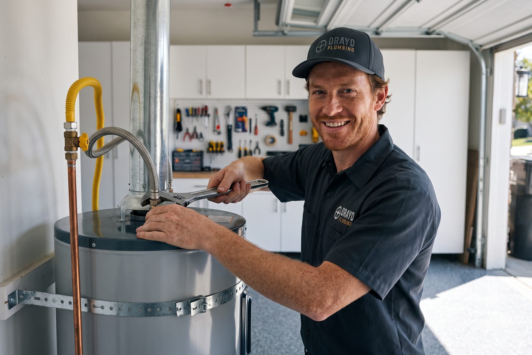 A plumber tightens a water connector on a new water heater strapped to the wall of a clean garage.