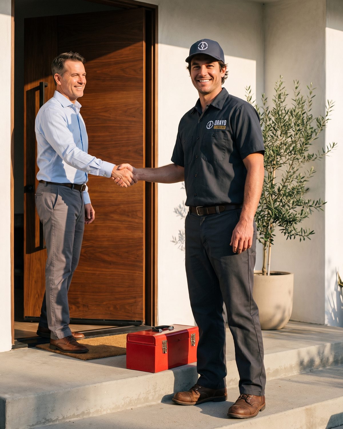 A plumber shakes hands with a homeowner at the front door after the job, his red toolbox on the step.