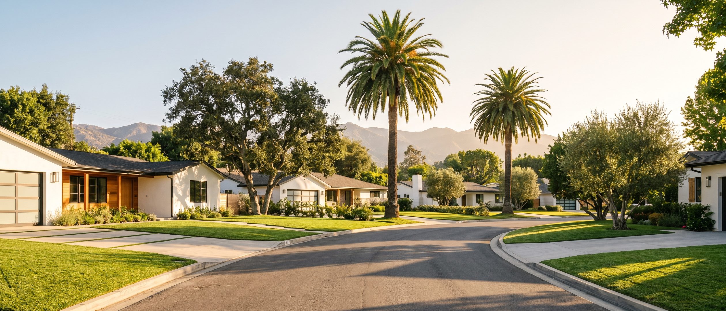 A curving Encino street of remodeled mid-century homes with palm trees and the Santa Monica Mountains behind.