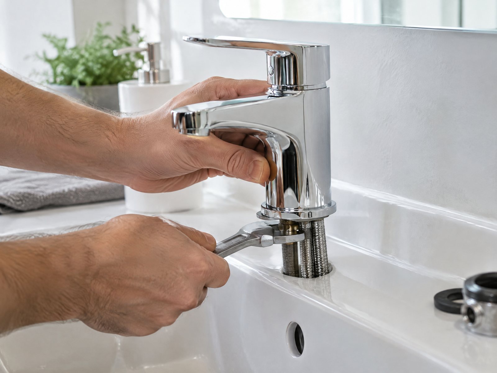 A plumber fitting a new kitchen faucet