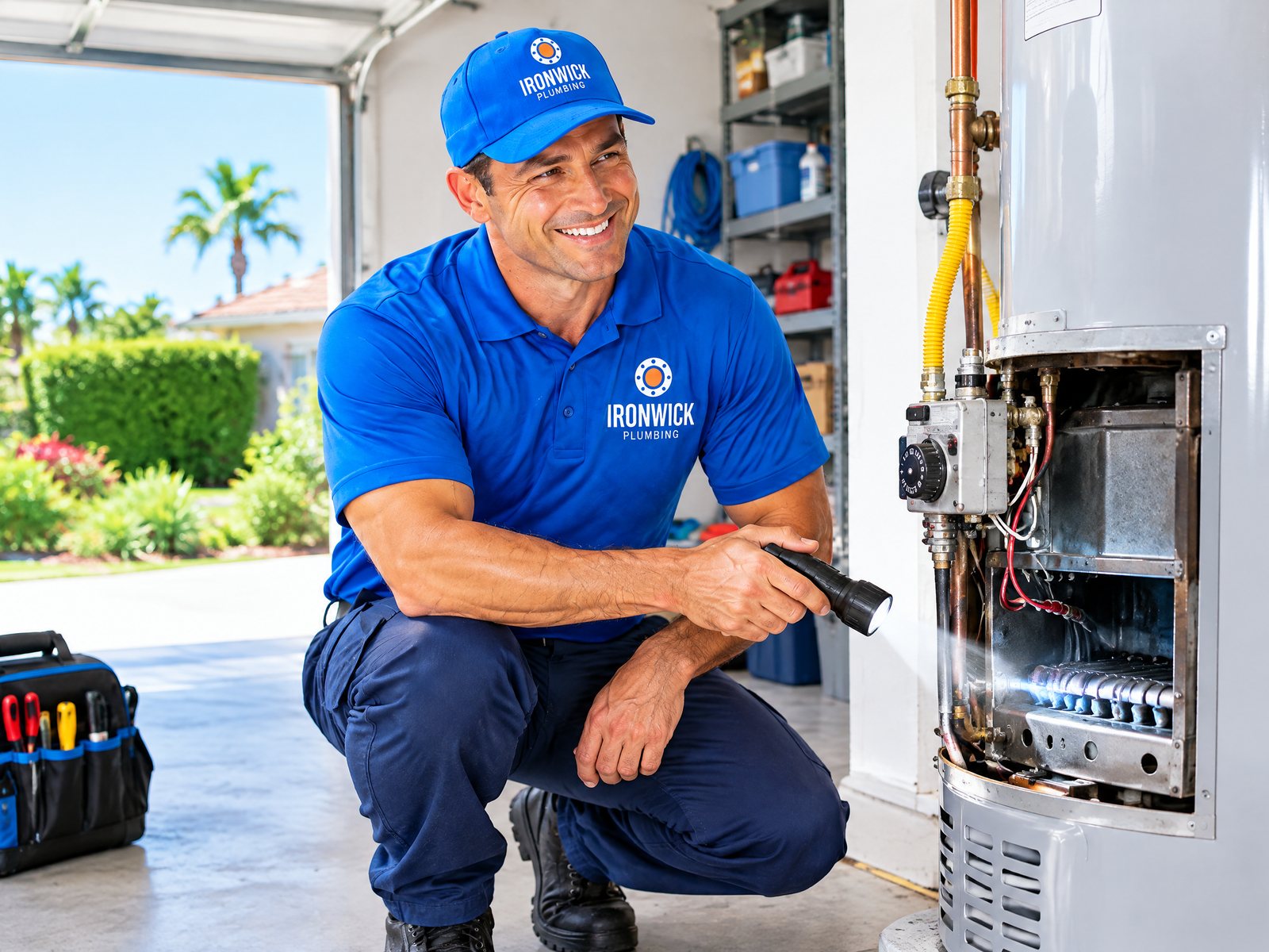 A plumber working on a tank water heater