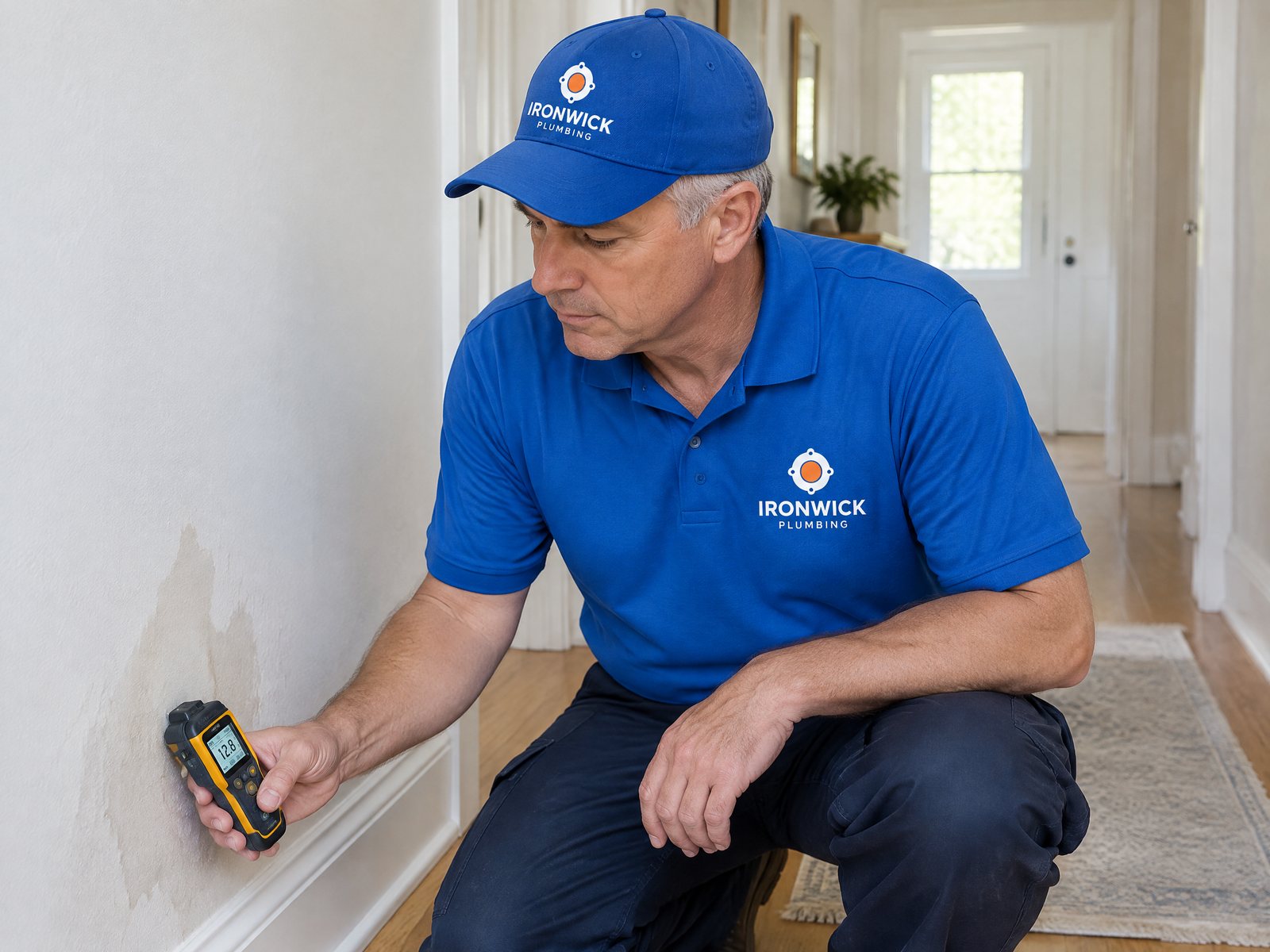 A plumber checking a wall for a hidden leak with a moisture meter
