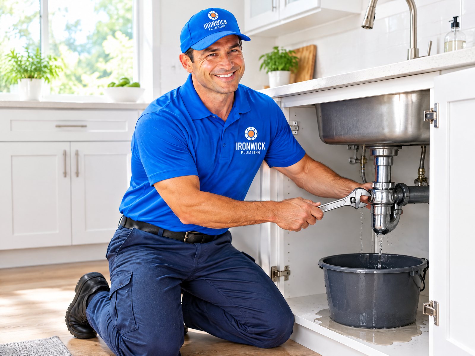 A plumber stopping a leak under a kitchen sink