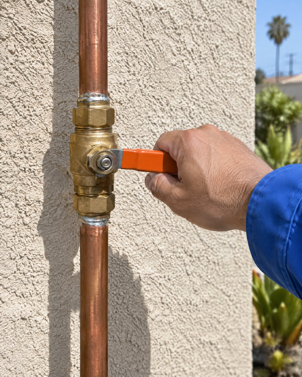 A hand turning the lever on a main water shut-off valve