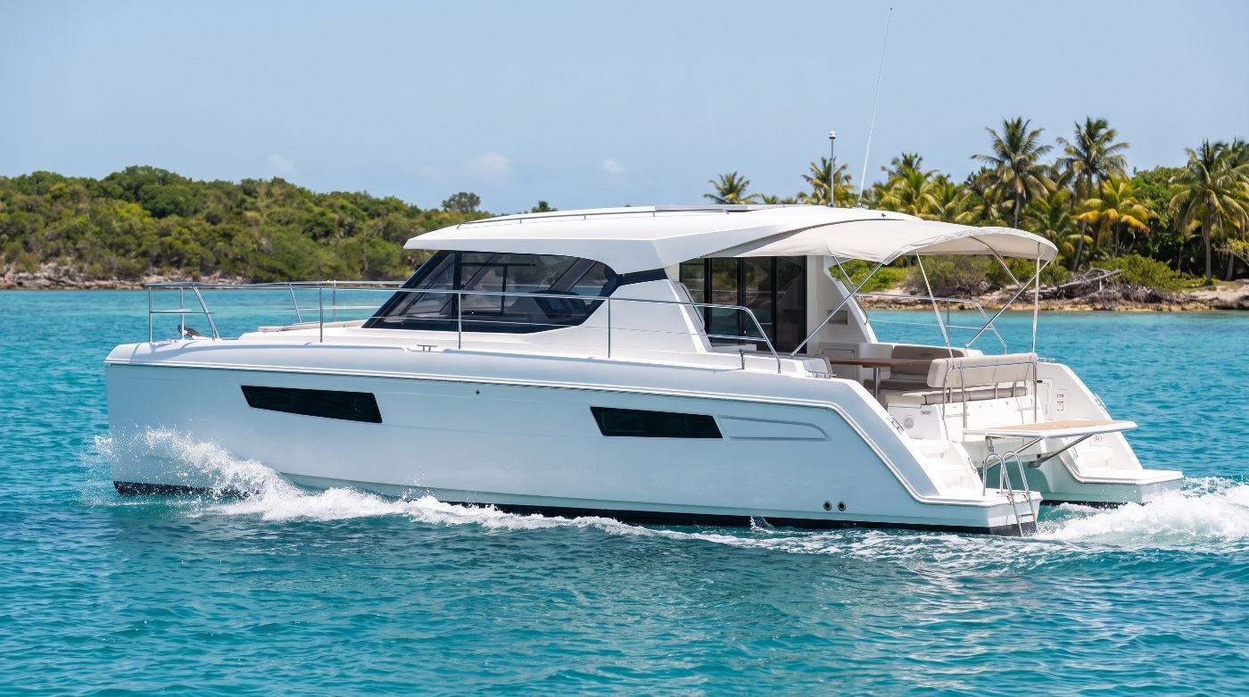 Catamaran crossing clear island water