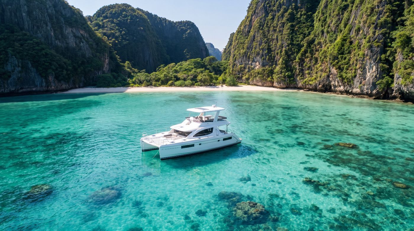 Private catamaran beside the island