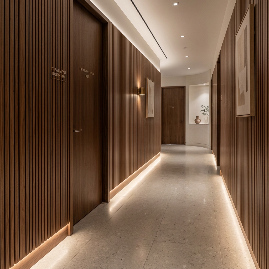 Acoustic wood-slat hallway