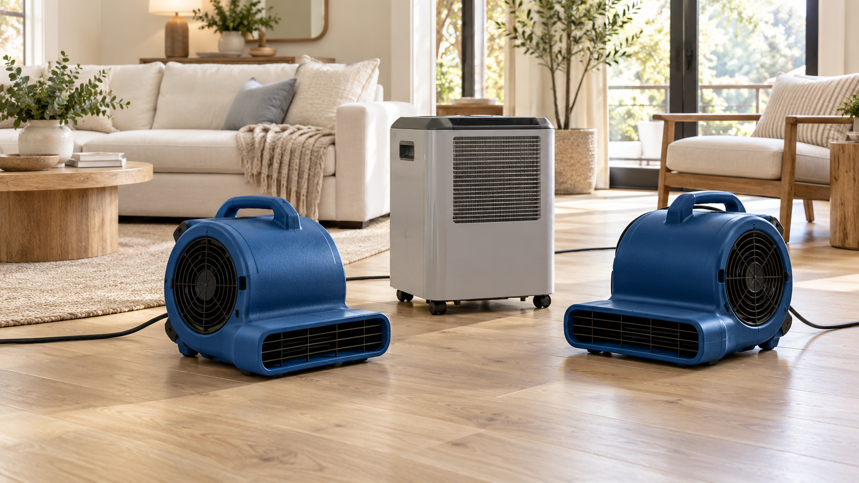 Illustrative air movers and a dehumidifier in a living room.