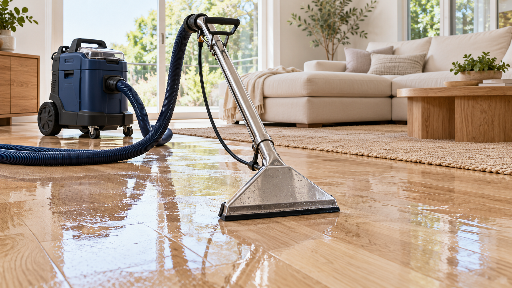 Illustrative extraction equipment on a wet wood floor.