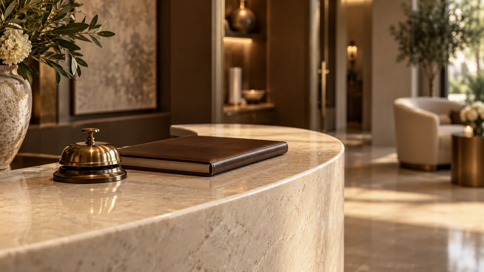 A curved cream stone reception desk with a brass service bell and a leather-bound book, with a softly lit lounge beyond. No people.