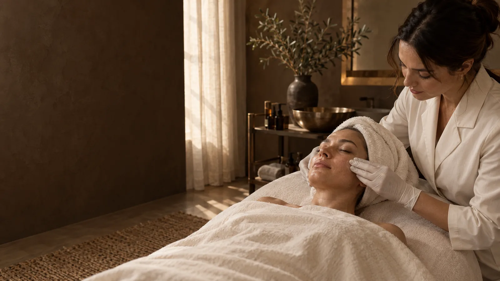 A client with a towel wrapped around her head lies on a treatment bed while a practitioner in a white coat tends to her face, in a warm room with olive branches.