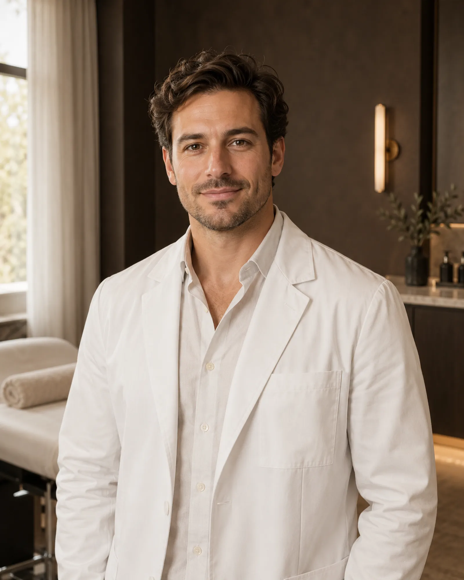 Portrait of a lead aesthetician in a white jacket, standing in a treatment room.