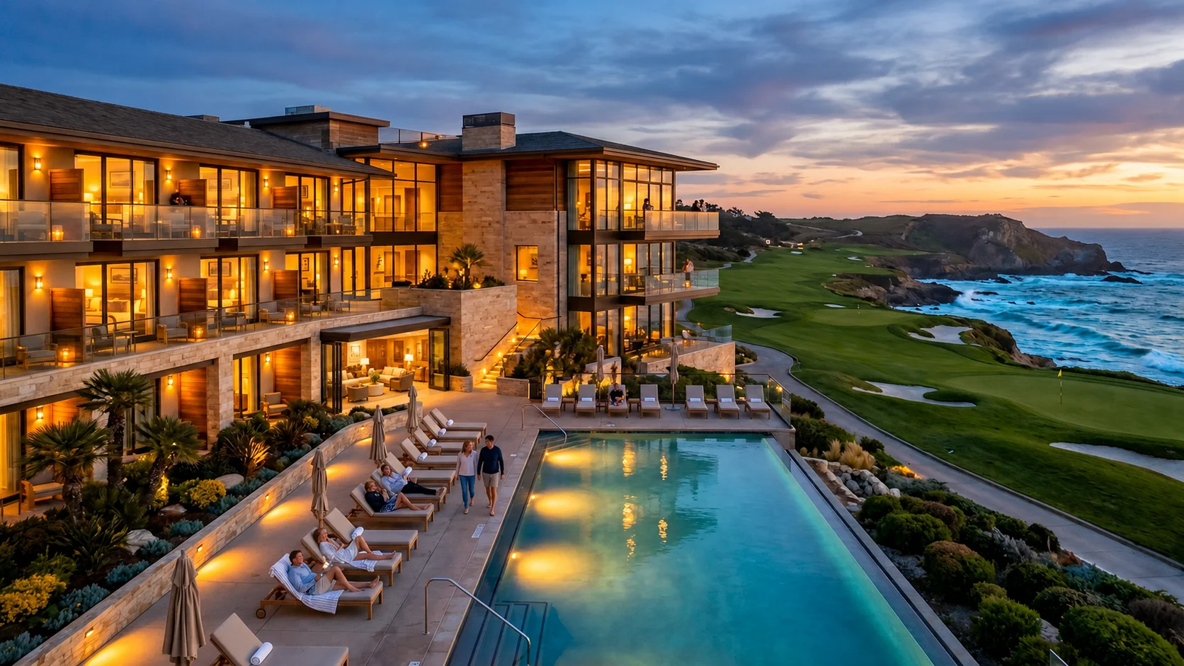 Coastal hotel and golf course at sunset