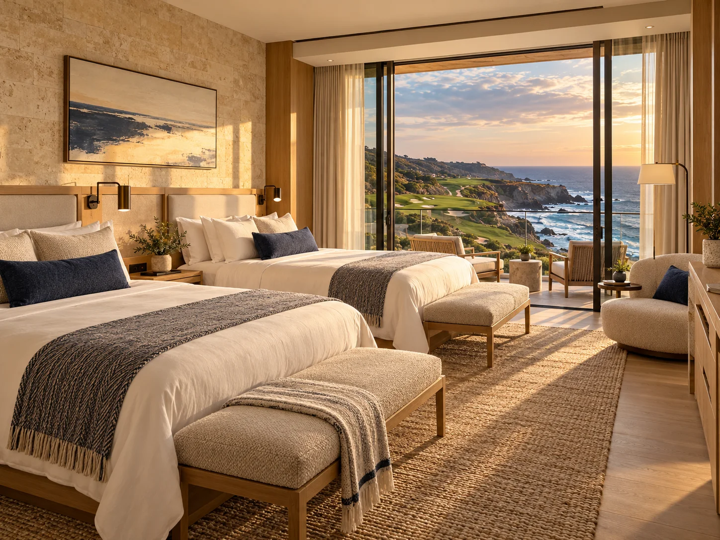 Two queen beds overlooking the coast