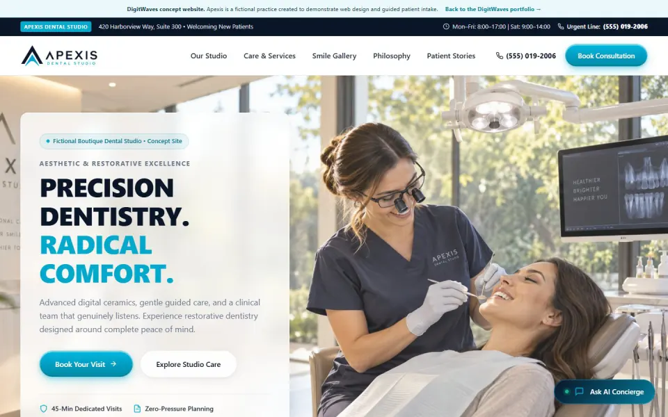 Apexis Dental Studio concept homepage with treatment navigation and a consultation path