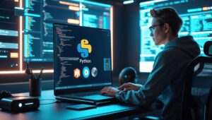 Developer coding a professional LLM API using FastAPI and OpenAI on a laptop in a modern workspace