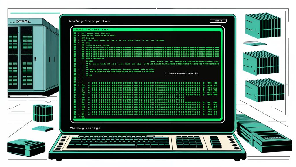 COBOL WORKING-STORAGE variables displayed on a vintage mainframe terminal
