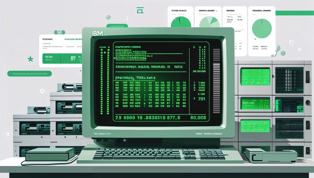 COBOL payroll program running on IBM mainframe terminal
