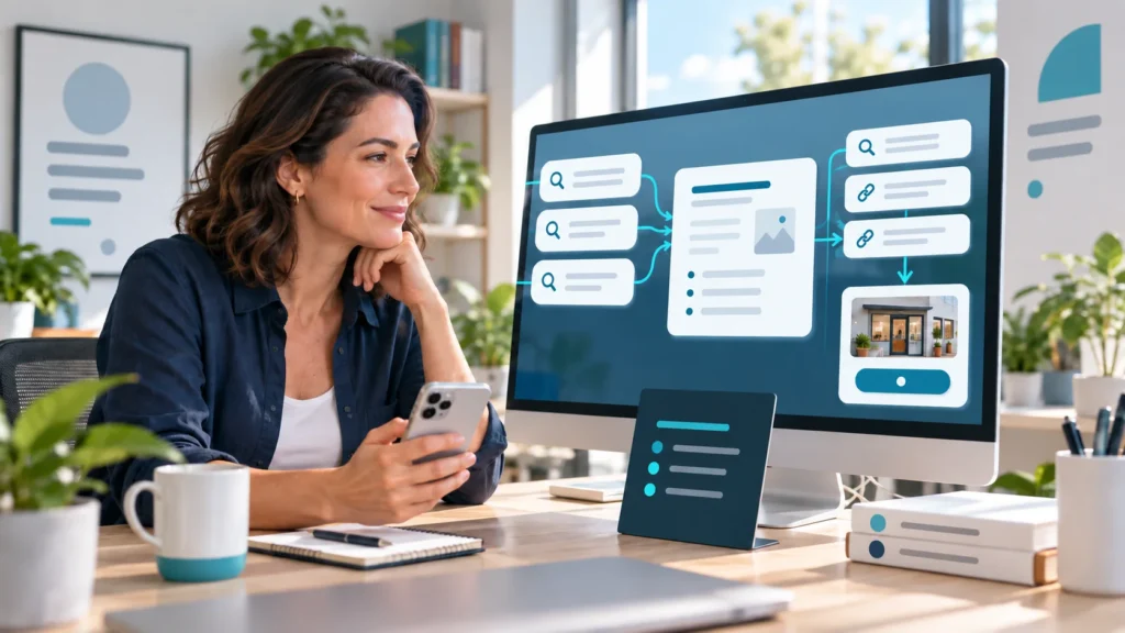 Local business owner reviewing how customer questions connect to AI search answers and website inquiries